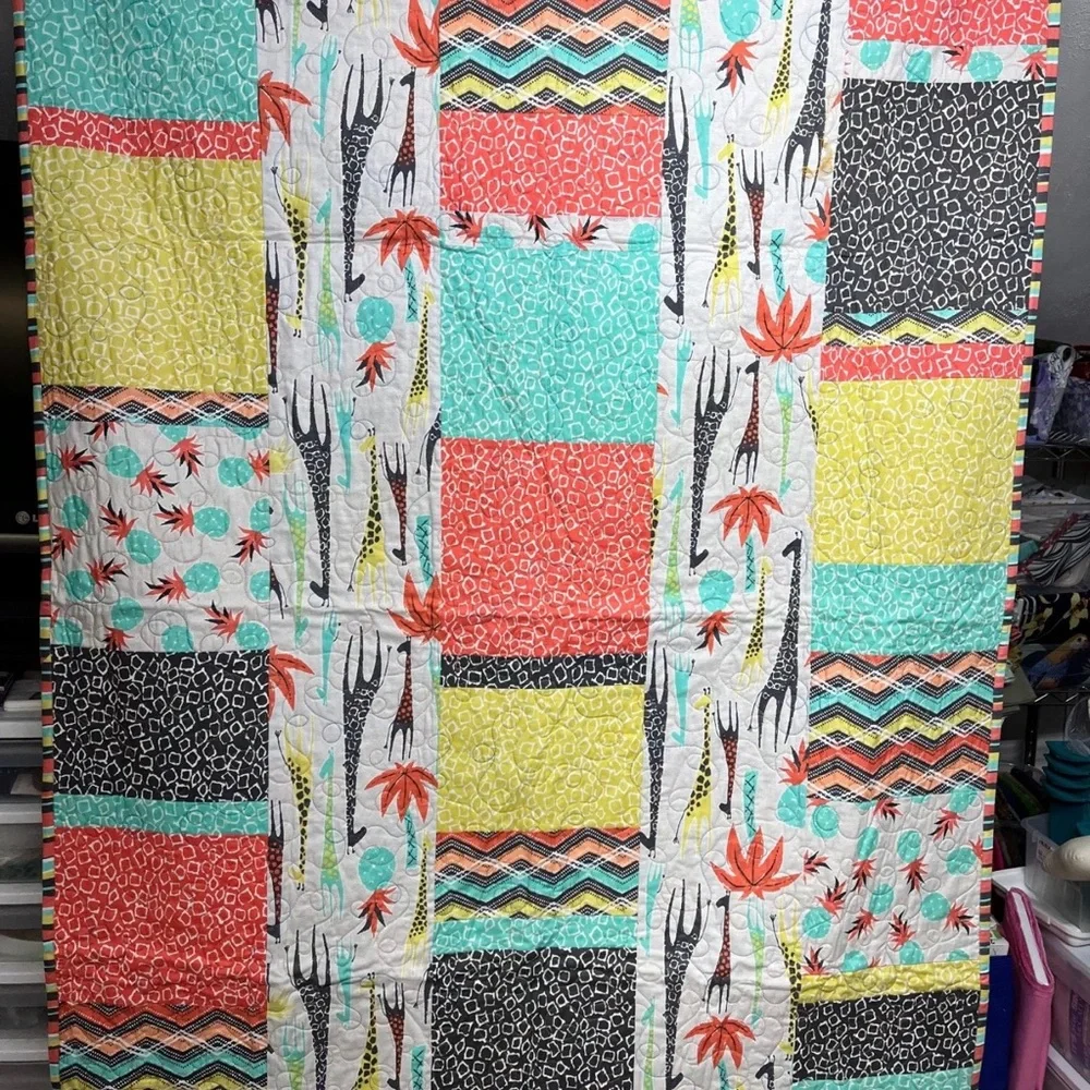 Colorful Patchwork Quilted Throw Blanket in Coral, Aqua, Yellow & Black